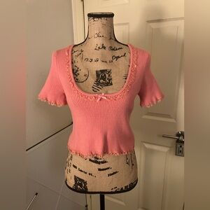 For Love And Lemons Pink coral Knit Crop Top sweater lace trim bow Large L